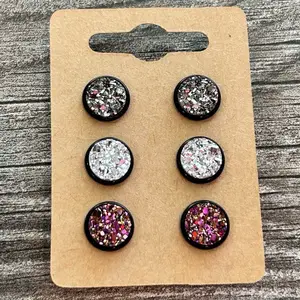 Druzy 10mm Stud Earrings Set of 3 for Women - Dark Silver, Bright Silver & Multi Color Gold & Magenta - Lightweight with Soft Clear Backs everyday occasion cute earring trendy ear woman jewelry pretty