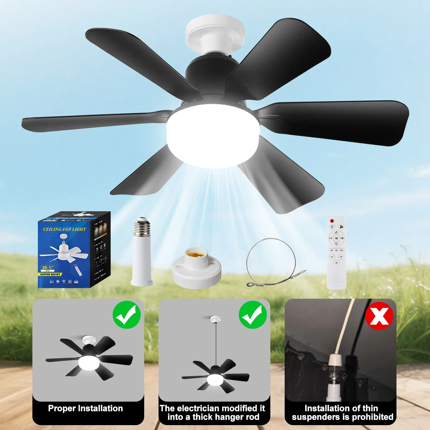 16.5/20.5 Inch Socket Fan Light with E27 Base, Remote Control Ceiling Fan, Ceiling Fanlights, 3 Speeds, Adjustable Colors, Ideal for Bedroom Living Room Kitchen Garage, Ceiling Light Fixture, Home Lighting