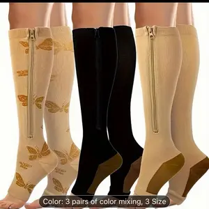 3 Pairs Compression Socks with Zip Closure - Thigh High & Wide Calf, Plus Size for men & women, Thigh-High Length for varicose,, all-Season Wear () - Athletic, Travel, Post-Surgery Socks