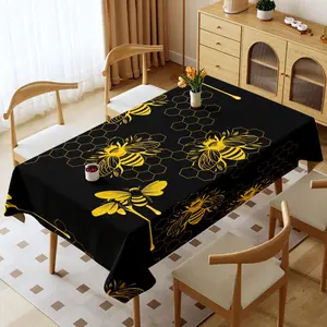 Vintage Tablecloth with Bee and Honeycomb Pattern, Polyester Rectangular Tablecloth for Home Kitchen and Dining Room