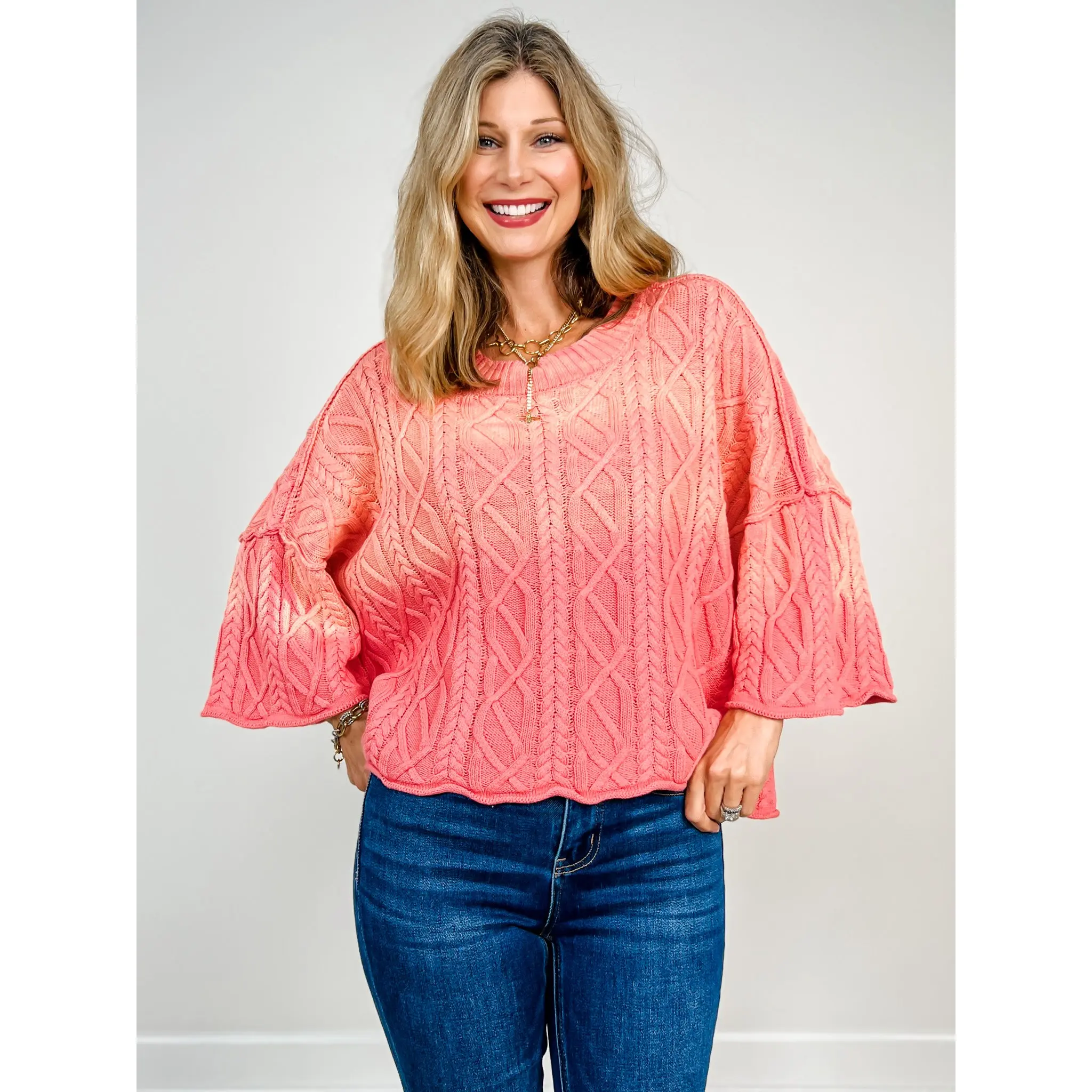 Ombre Long Sleeve Cable Knit Sweater