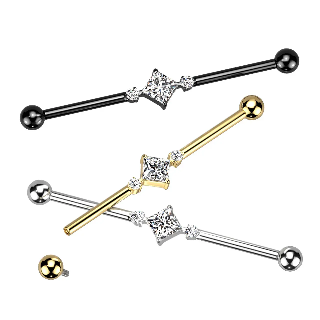 Industrial Barbell Implant Grade Titanium Internally Threaded with Square CZ Center and 2 Round CZs Ion Plated 14 Gauge