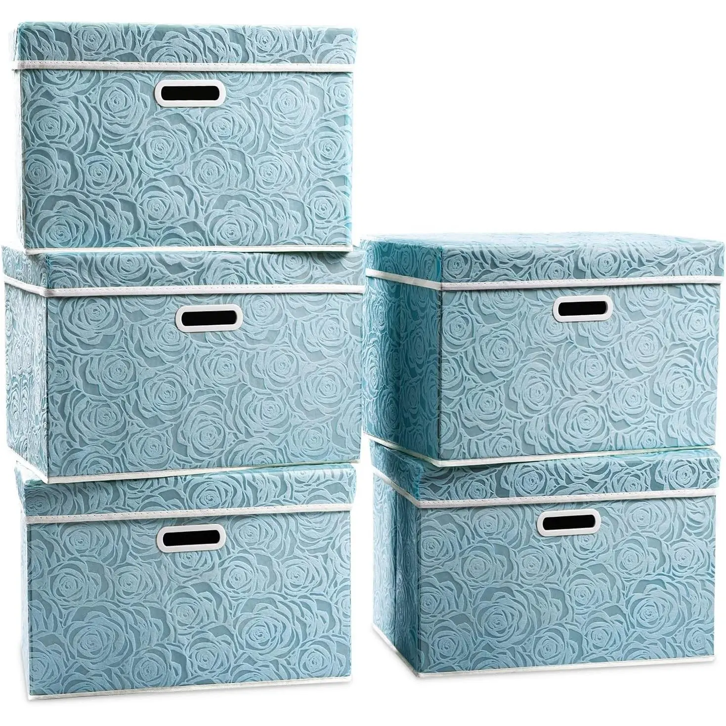 5-Pack Fabric Stackable Storage Cubes with Lids, Waterproof Collapsible Organizer Bins/Boxes/Containers with Carry Handles & Divider (14.9x9.8x9.8 in Blue) for Bedroom Closet Home Decor