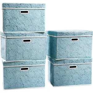 Stackable Storage Cubes with Lids [5-Pack] Fabric Decorative Storage Box Bins Organizer Containers Baskets with Cover Handles Divider for Bedroom Closet Living Room Blue 14.9x9.8x9.8 Inch