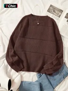 Plus Size Solid Color Drop Shoulder Crew Neck Sweater Pullover, Casual Long Sleeve Round Neck Jumper for Fall & Winter, Women's Plus Clothing for Daily Wear, Knitwear