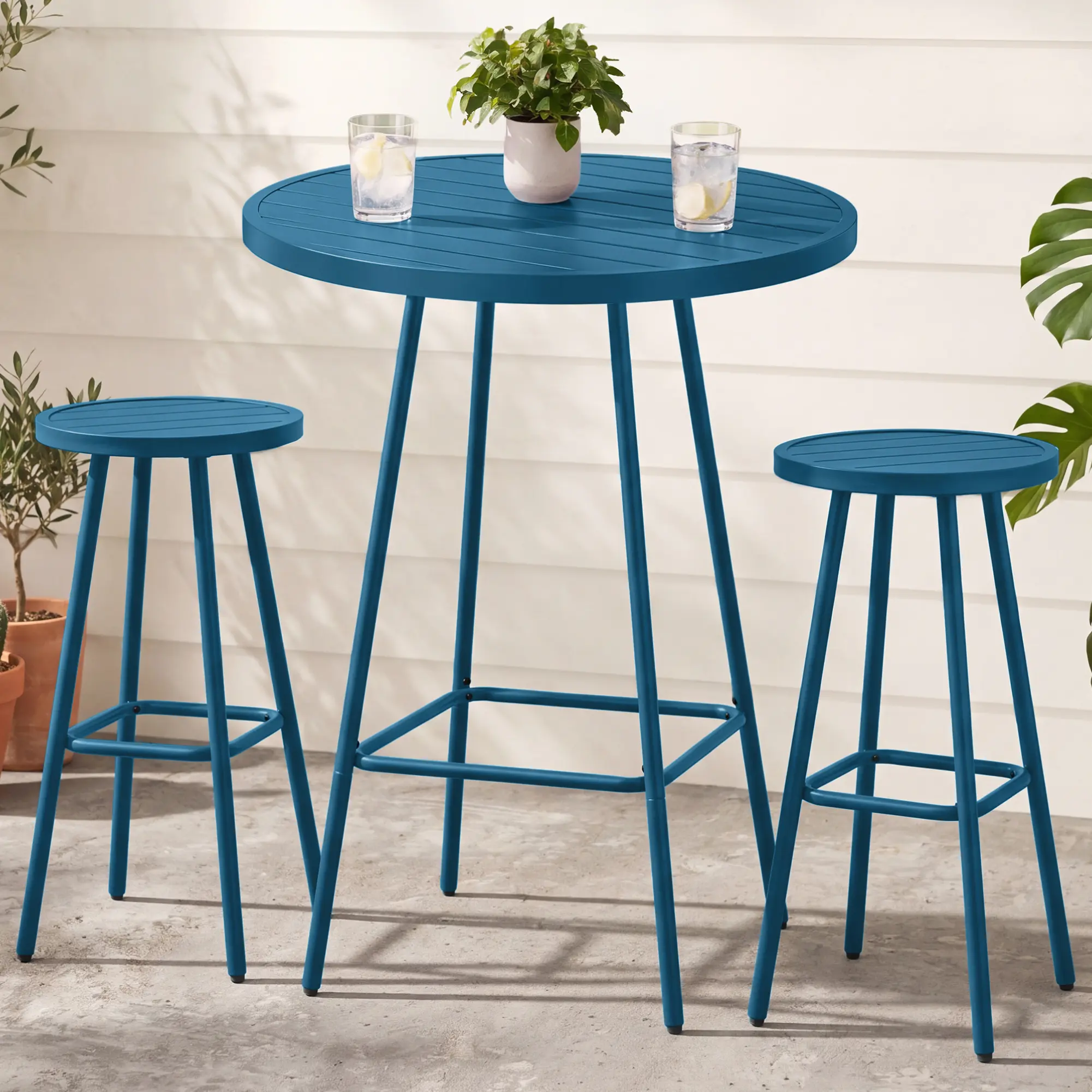 Best Choice Products 3-Piece Steel Patio Bar Height Round Bistro Set w/ Backless Stools, Slatted Design Best Choice Products 3-Piece Steel Patio Bar Height Round Bistro Set w/ Backless Stools, Slatted Design