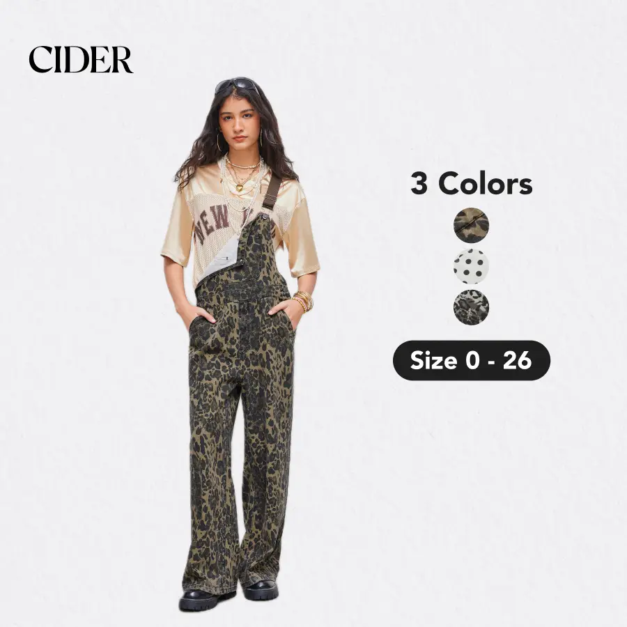 Cider Oversized Denim Leopard Pocket Buckle Up Wide Leg Overall Jumpsuit