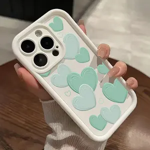 Green Hearts Pattern TPU Phone Case for iPhone 16 15 14 Pro Max 13 12 11 XR XS Plus Shockproof Non Slip Military-Grade Protection Silicone Cover Cellphone Protective