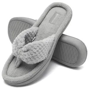 Women's Cozy Memory Foam Spa Thong Flip Flops House Indoor Slippers Plush Gridding Velvet Lining Clog Style Indoors