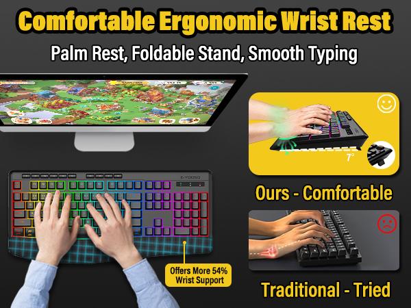 E-YOOSO Tri-Mode Wireless Mechanical Feel Keyboard - 104 Keys Full-Size Silent Quiet Keys - 8 RGB Backlit - BT5.0/2.4G/Wired - Ergonomic Palm Rest for Windows, Mac, Laptop, PS5, Xbox