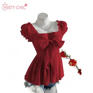 MISTY CHIC Sweet Feminine Bow Cuff Short Sleeved Chiffon Shirt For Women, Ideal For Summer,Puff Sleeve Romantic Dress With Square Neck And Statement Bow Front