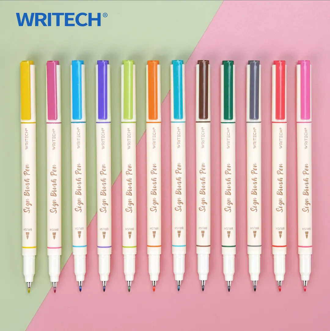 WRITECH Brush Tip Marker Pens: Flexible Water-Based Artist Markers, 12ct Assorted Vibrant Colors for Calligraphy, Drawing, Journaling, and Coloring Craft Supplies Colorful