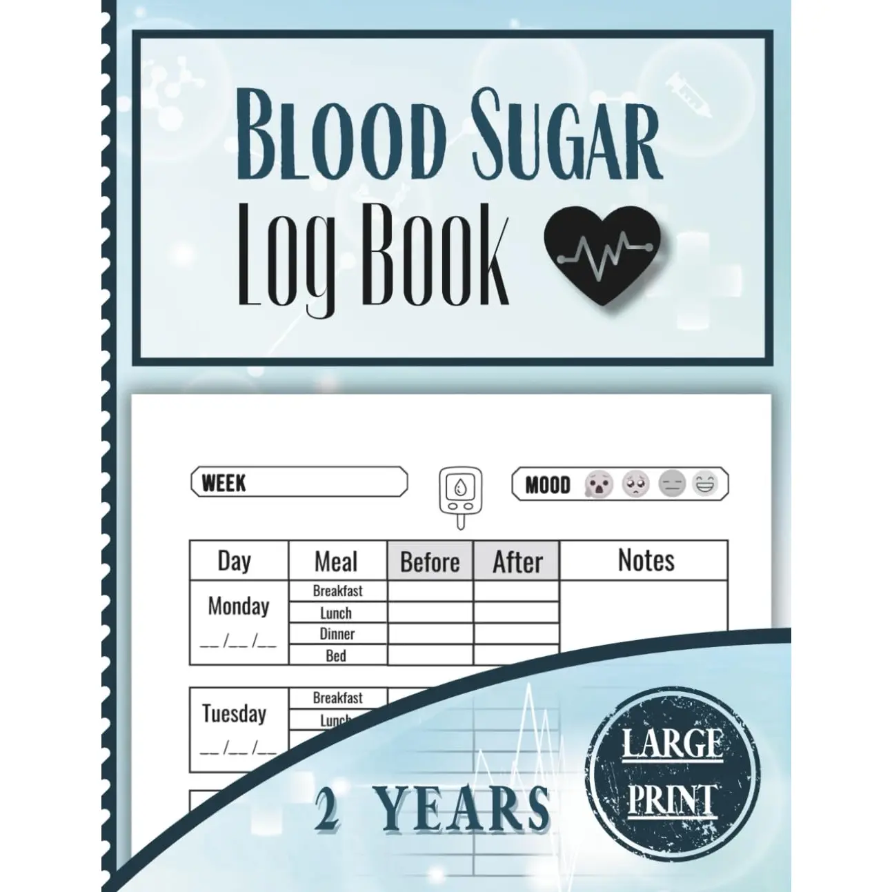 Blood Sugar Log Book - 2 Years: LARGE PRINT Glucose Tracker & Diabetes ...