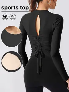 Women's Long Sleeve Workout Top with Back Cutout & Ruched Tie - Padded Yoga Shirt for Gym Fitness Athletic Yoga Tops