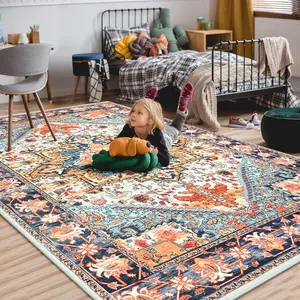 RUNIA Luxury Vintage Washable Area Rugs - Soft Floral Faux Wool Boho Non-Slip Doormat Carpets, Low-Pile Retro Floor Mat Rugs for Living Room, Bedroom, Dining Room and Office Decor Indoor