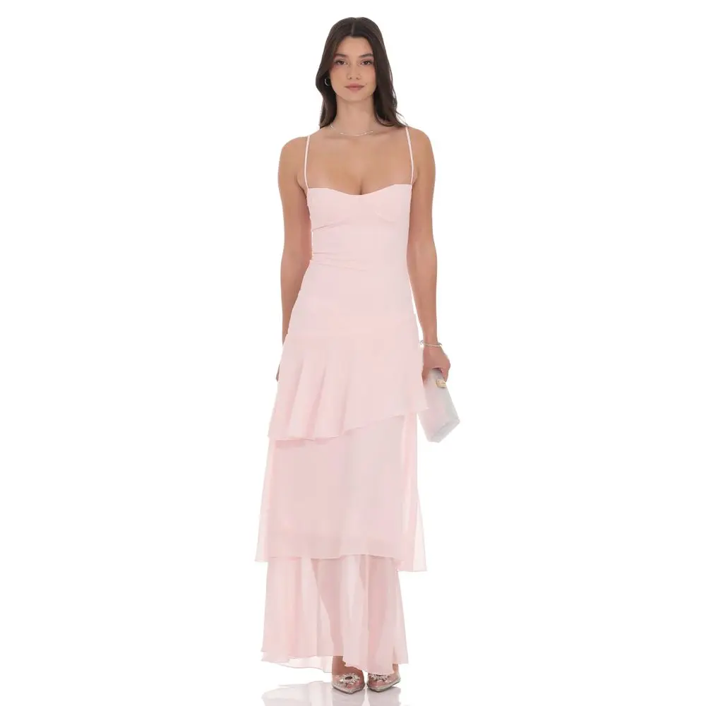 Long Ruffle Maxi Dress in Pastel Pink