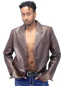 JAMIN LEATHER® Men's Chocolate Brown Button Genuine Lambskin Leather Blazer #M1181N - Classic Notch Collar, Two Front Pockets, Soft Satin Lining, Menswear Coats & Jackets