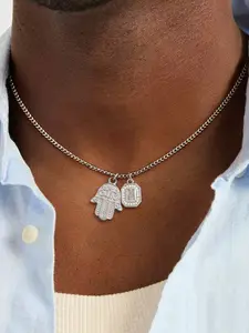 Silver Color Square Initial Palm Pendant Men's Necklace, Classic Stainless Steel Chain Jewelry for Casual Wear, Stylish Gift for Him