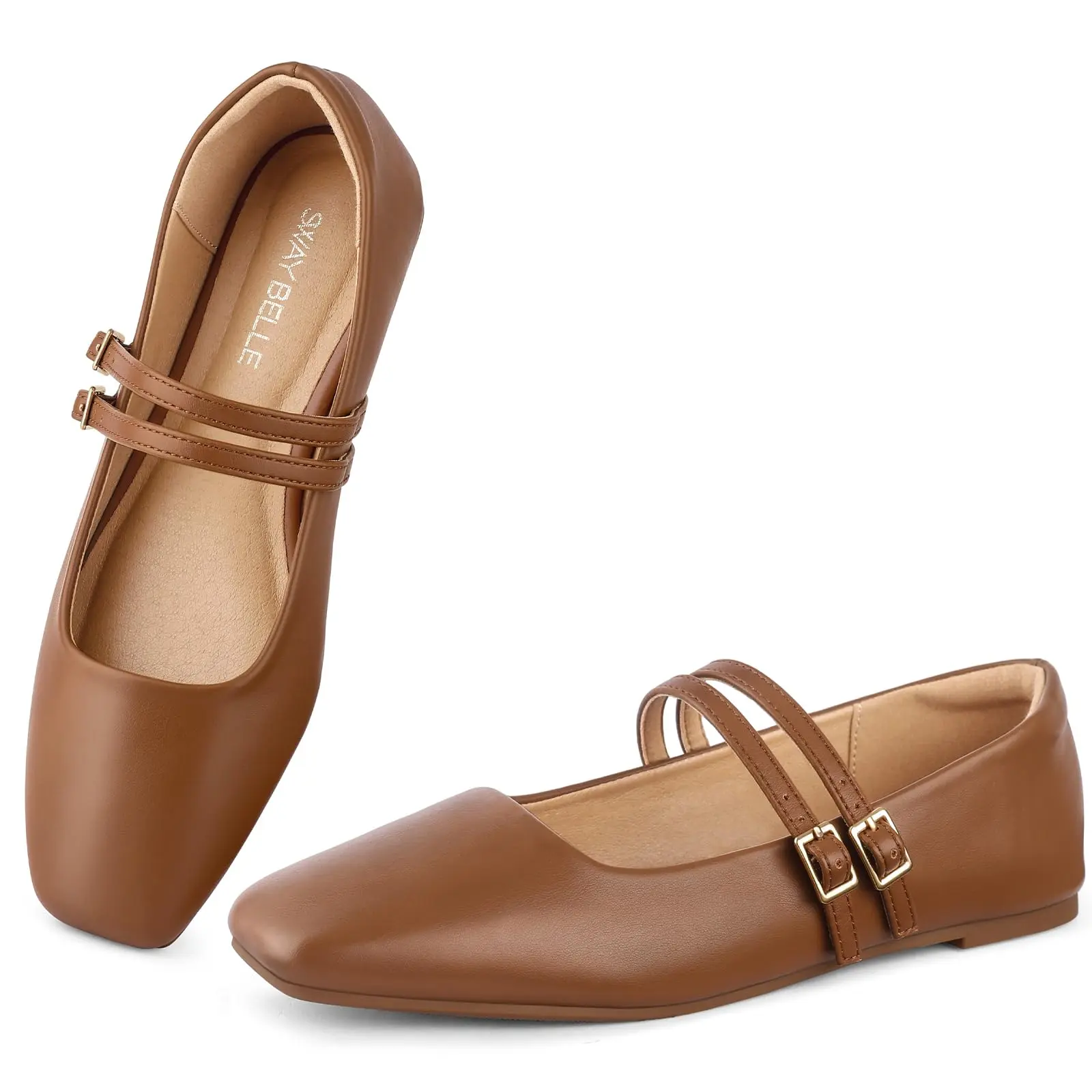 Women’s Square Toe Double Strap Mary Jane Flats, Soft Faux Leather Adjustable Buckle Casual Daily Walking Flat Shoes