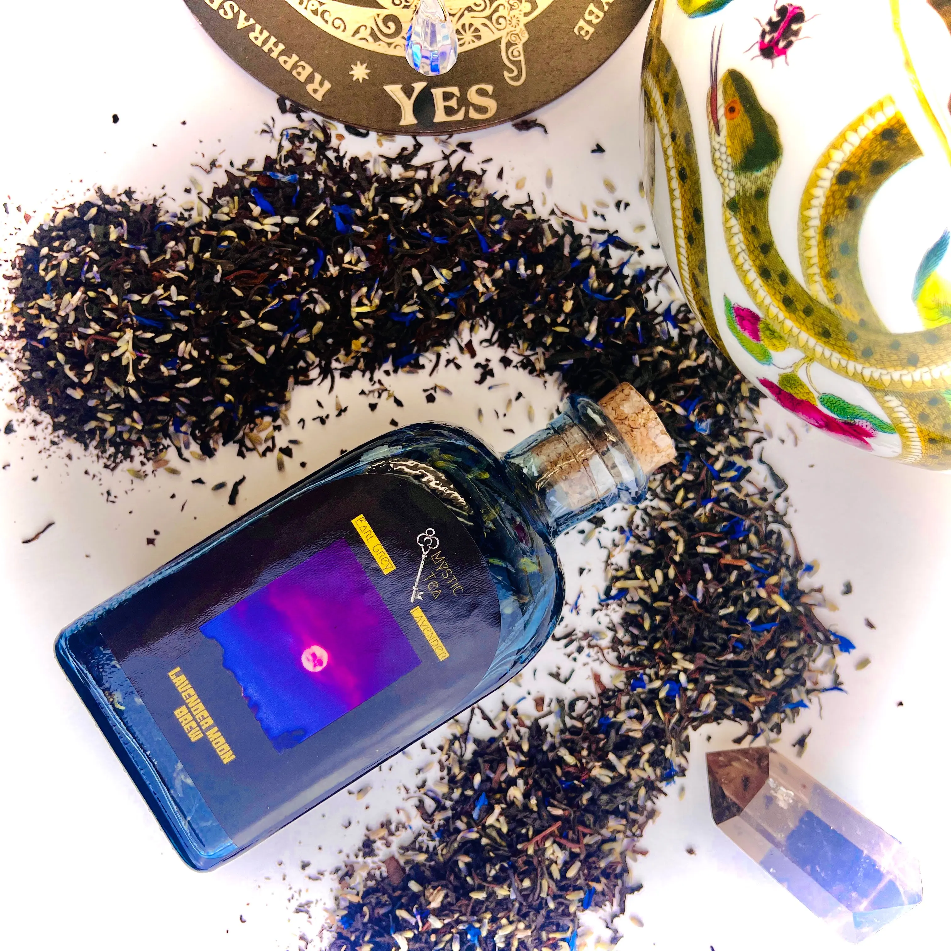Lavender Moon Brew Tea in Black Glass Jar Cork Top Loose Leaf Sustainable Lavender Earl Grey