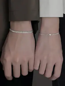 2pcs/set Rhinestone Decorated Heart Decor Couple Bracelet for Bf & Gf, Matching Bracelet Kit for Couple, Bracelet for Couples, Stainless Steel Jewelry Accessories for Daily Wear