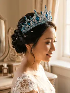 Luxurious Blue Glass Crystal Bridal Crown, Vintage Hairpiece for Wedding Ceremony, Shimmering Stage Accessory, Photo Prop for Evening Events