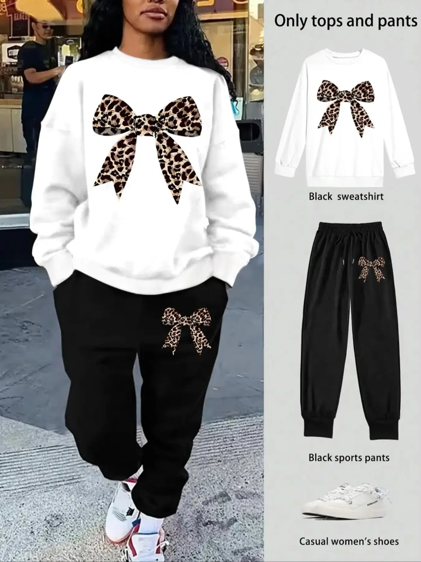 Women's Casual Chic Aesthetic Fitted Top Long Sleeve Sweatshirt Set, Natural Waist Long Pants, Leopard Print Butterfly Knot, All Seasons Outdoor Wear