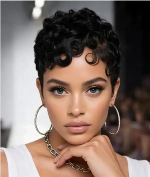GLOW WIG BEAUTY Summer Limited Edition 100% Human Hair Bowl Cut Afro Curly Brazilian Pixie for Black Women, Glueless Short Layered with Bangs, Natural Black, Convenient Versatile Daily Wear Full Machine Wig