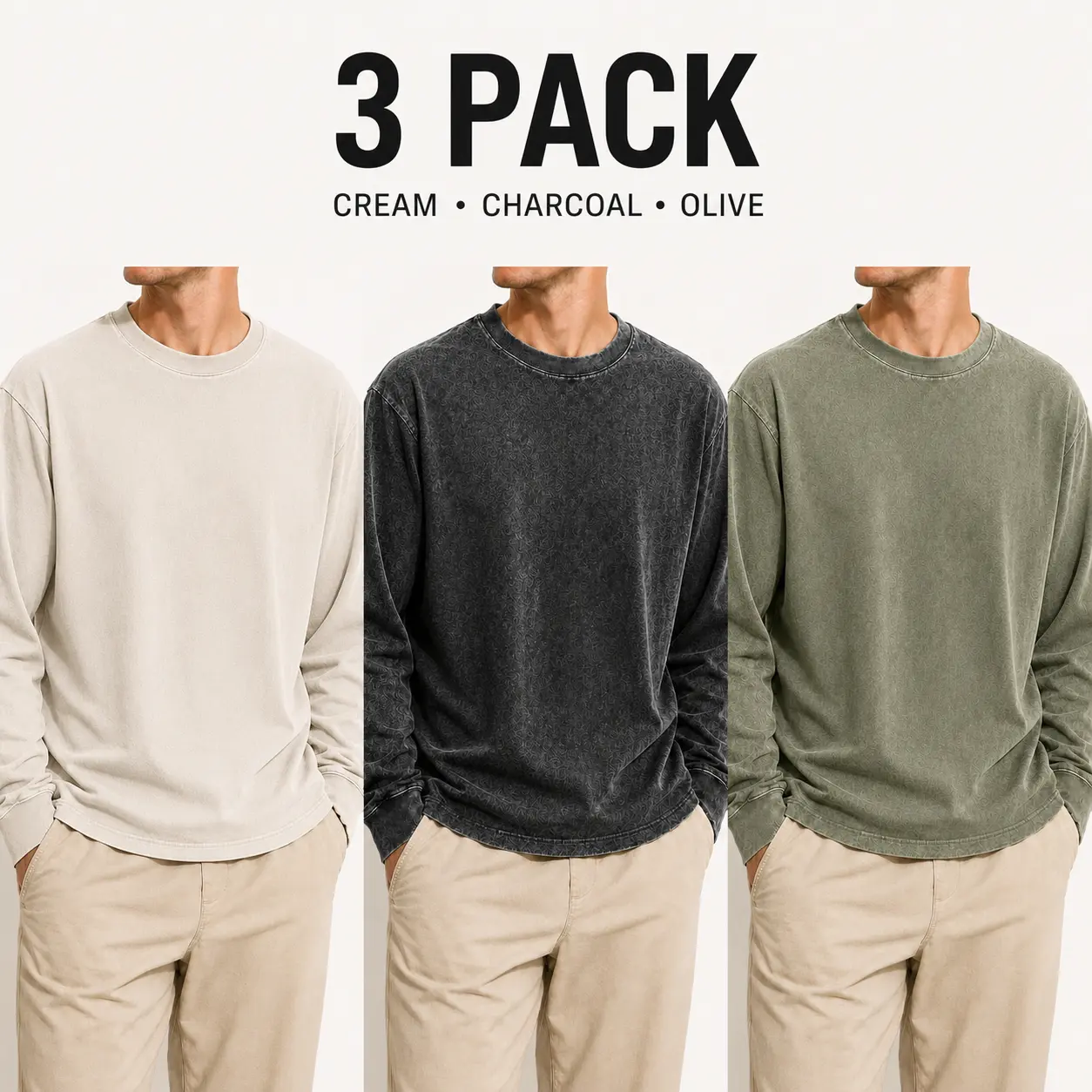3 Pack 100% Cotton Oversized Long Sleeve T Shirts, Vintage Washed Crew Neck Unisex Tees, Soft Breathable Casual Streetwear Tops for Men and Women