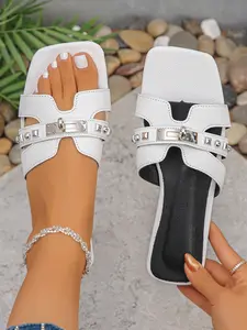 Women's Casual Plain Square Toe Flat Sandals, Footwear Strap Slides, Summer 2024 Fashion Pu Strip Splicing Sandals, Female Criss Cross All-match Shoes for Outdoor, Crisscross Strap Sandals