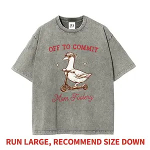 Funny Duck Off To Commit Mom Foolery Meme Heavyweight Boxy Fit T-Shirt - Vintage Washed Oversized - Pure Cotton Graphic Tee - Motherhood Humor Top