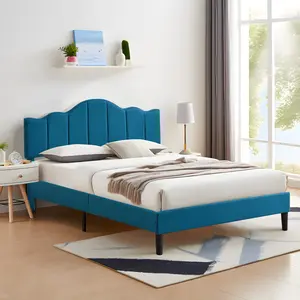 VECELO Upholstered Platform Bed with Adjustable Headboard – Blue Linen Fabric Mattress Foundation, No Box Spring Needed, Twin, Full, or Queen Size Bed