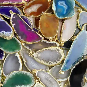 Agate Slice Charm Necklace w/ Gold Tone Trim, Natural Agate Rock Pendant, Healing Gemstone Jewelry, Gold Edge Agate Necklace, Boho Chic Stone Jewelry, Spiritual Protection Amulet, Unique Gift for Her, Raw Crystal Pendant, Handmade Gold Trim Agate Slice