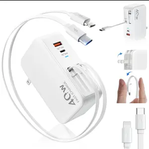 Four-in-One Retractable GaN Wall Charger Plug for iPhone 17 USB C, Travel Essentials Multiport Brick, 3ft Lightning + Type C Cables, 40W Fast Charging Foldable Block for iPhone 17 Pro / 16 / 15 / 14 / 13, iPad, Galaxy