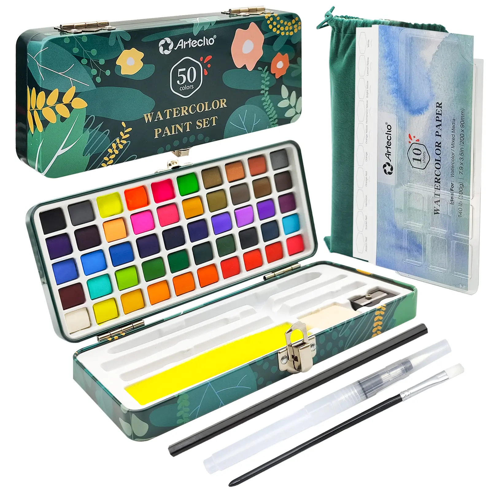 Artecho Watercolor Paint Set, 50 Vibrant Colors Portable Art Kit with Palette, Brushes & Watercolor Paper, Painting Supplies for Adults, Beginners & Hobbyists