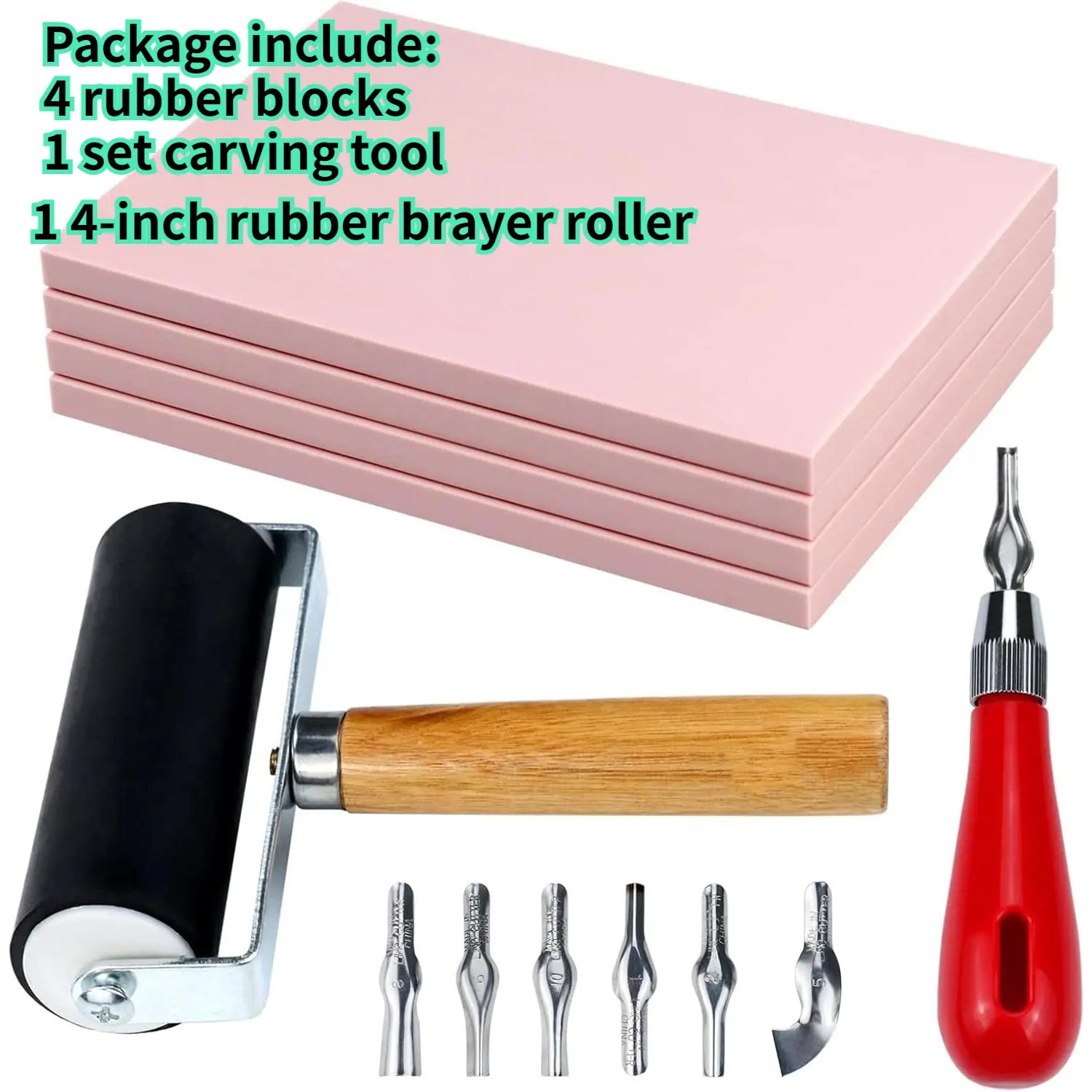 4-Pack Rubber Material Block Stamp Carving Blocks Multifunctional Set with Cutter Tools, Rubber Brayer Roller for Printmaking, Handmade Craft Projects (Home Improvement, Wallpaper & Wall Trim Applications), 1 4-Inch Rubber Brayer Roller