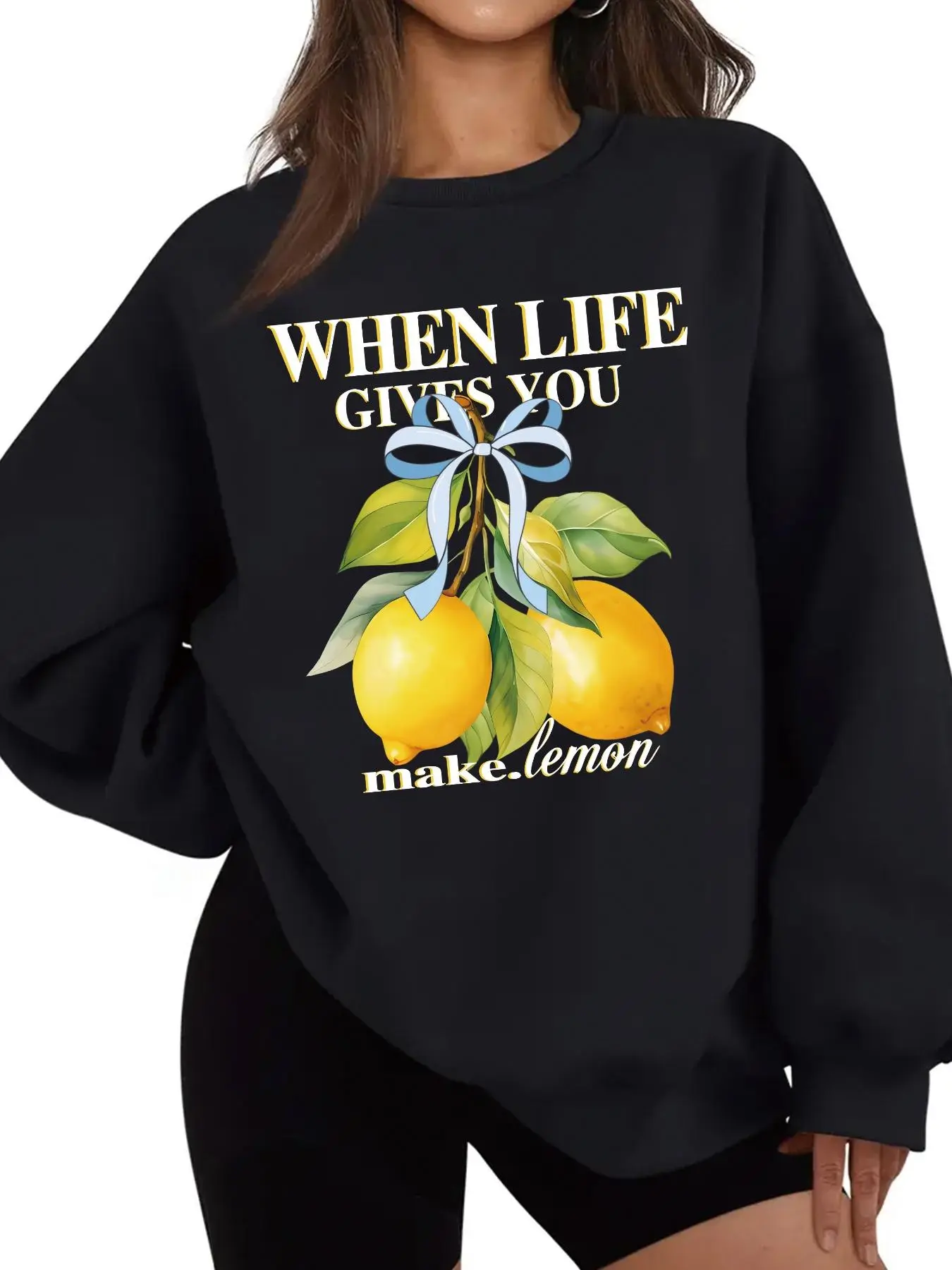 Women's Lemon & Letter Print Crew Neck Sweatshirt, Casual Long Sleeve Pullover for Fall & Winter, Women's Clothes for Daily Wear