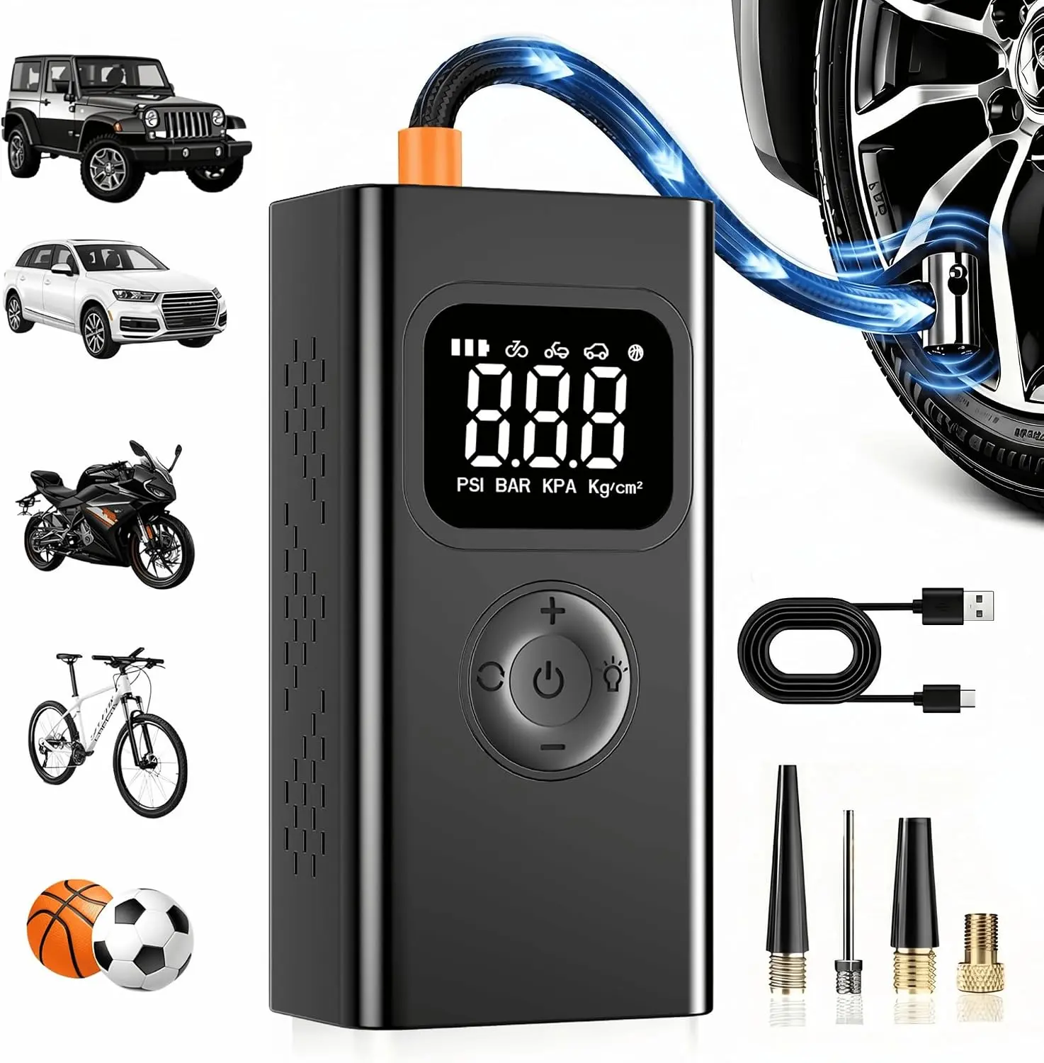 portable air compressor,150PSI air pump for car tires for Car-3X Faster Tire Pump for SUV, Motorcycle, Balls and Bicycle Built-in digital pressure gauge, LED emergency warning light