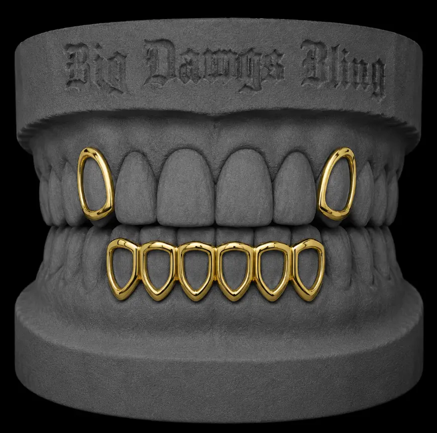 14K Gold Plated Upper Right & Left Open Face Caps + Bottom Lower Open Grillz Set