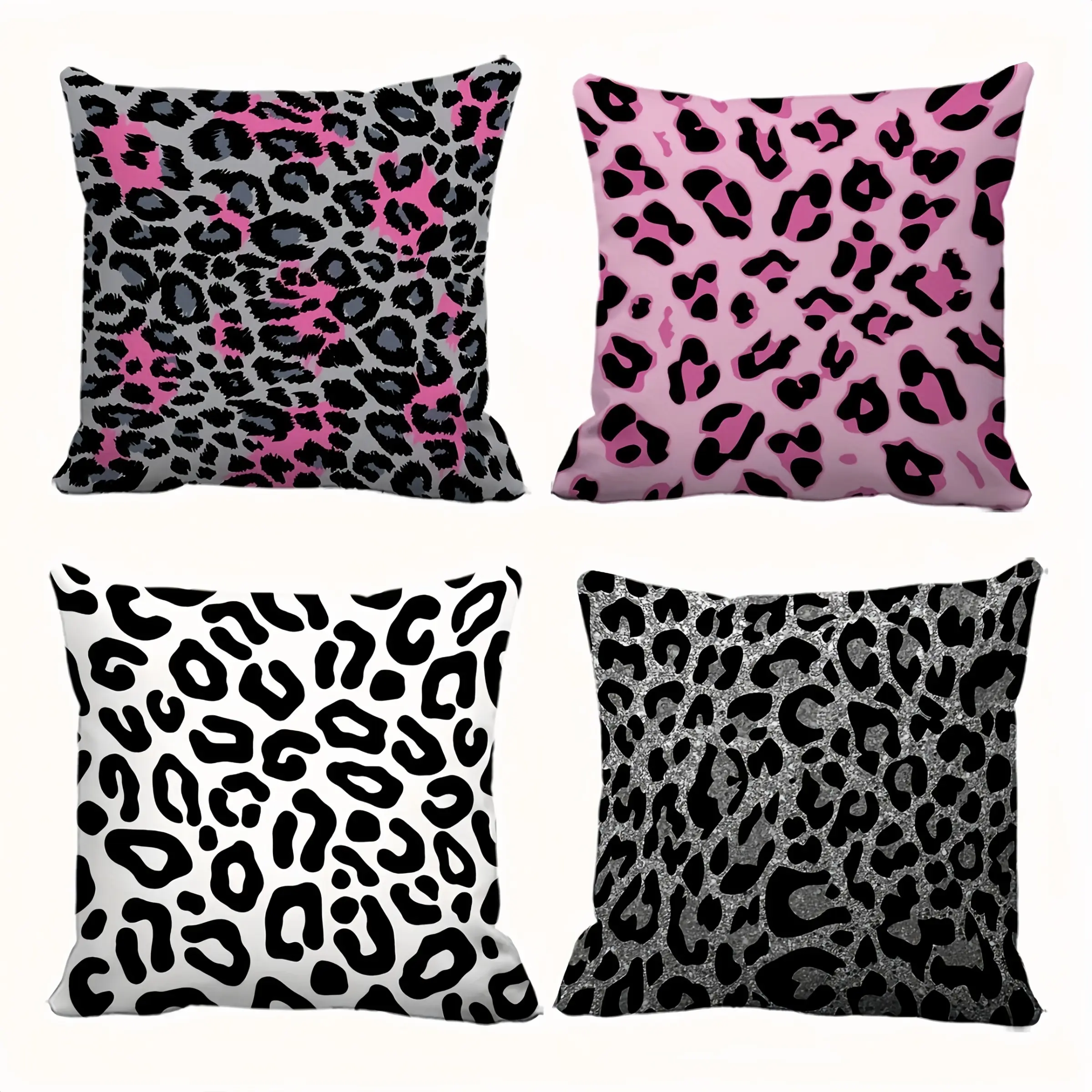 4pcs-Modern Classic Black and Pink Leopard Themed Throw Pillow Covers, Bedroom Decorative Accessories, Tiger Stripe, Suitable for Living Room, Bedroom, Sofa, Bed, 2D Flat, Single Sided Printing, No Pillow Core