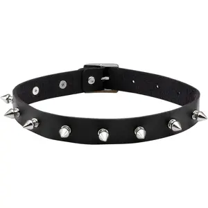 Women Men Cool Punk Goth Metal Spike Studded PU Leather Necklace