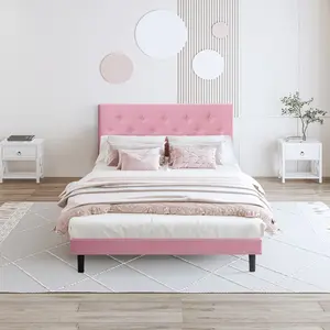 ARCH Full Size Upholstered Platform Bed Frame with Modern Button Tufted Linen Fabric Headboard, No Box Spring Needed, Wood Slat Support, Easy Assembly, pink