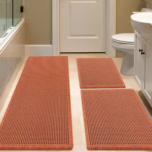 Waffle Bath Mat Set 3 Piece Burnt Orange,Woven Bath Rug Mats, Absorbent Non Slip Bath Mat, Soft Washable Bath Rugs with Tassels for, Bedroom,, Tub