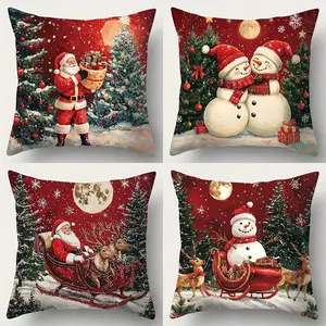 4pcs, Christmas New Year Pillowcases, Santa Claus & Snowman, Vintage Style, Living Room Sofa Cushion Covers, Home Decor, Single Sided Printing, No Pillow Core