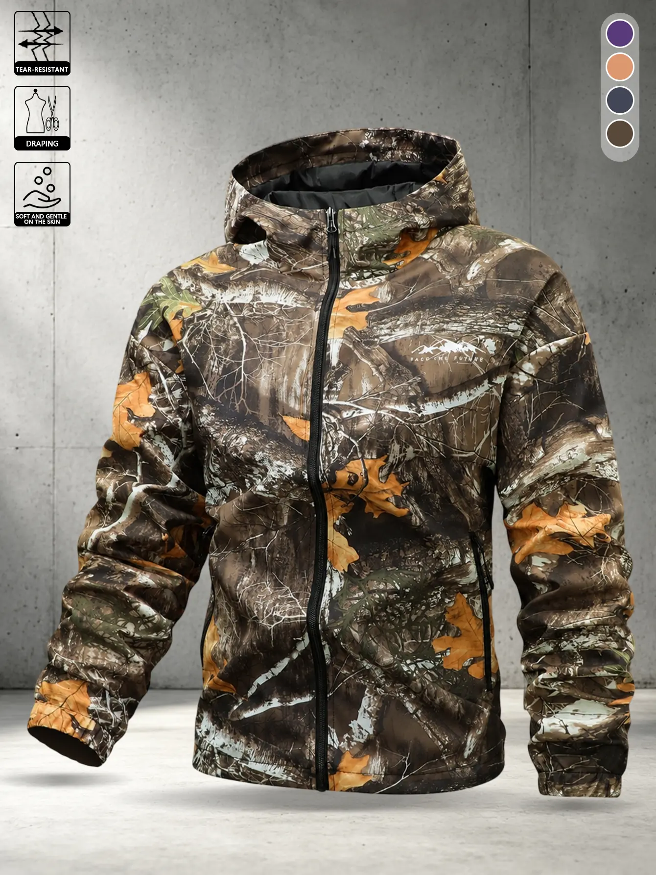 Men’s camouflage functional hooded jacket with adjustable windproof hood design, main zipper closure, ribbed cuffs, structured waterproof woven fabric, versatile outerwear for outdoor activities