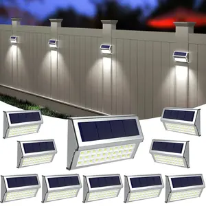 【2024 New】Solar Outdoor Lights, 30 LED Fence Lights Waterproof Solar Powered Deck Post Lamps Stainless Steel Outside Step Lighting for Backyard Yard Walkway Stairs, Cool White Light