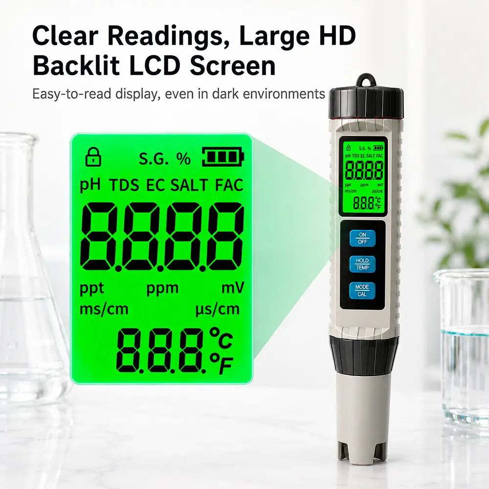 KERUI Water Quality Tester for Drinking Water, Pool, Aquarium & Hydroponics – 8-in-1 Digital Meter Measures pH, TDS, EC, Salinity, Free Chlorine, S.G., ORP & Temp, ±0.01 pH with Auto Temperature Compensation