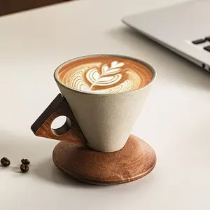 Ceramic Coffee Cup with Large Mouth Design for Latte Art, Heat-Resistant Wooden Handle, Real Wood Cup Mat, Ideal for Home and Office Use