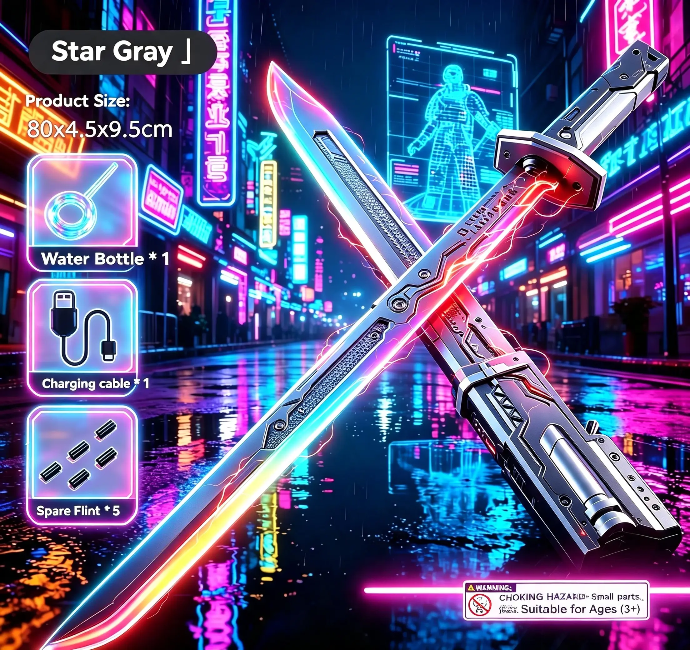 31.5 Inches Cyberpunk Electric FX Sword – Spark & Mist Blade with RGB Lights, Sound Effects, and Replaceable Flint