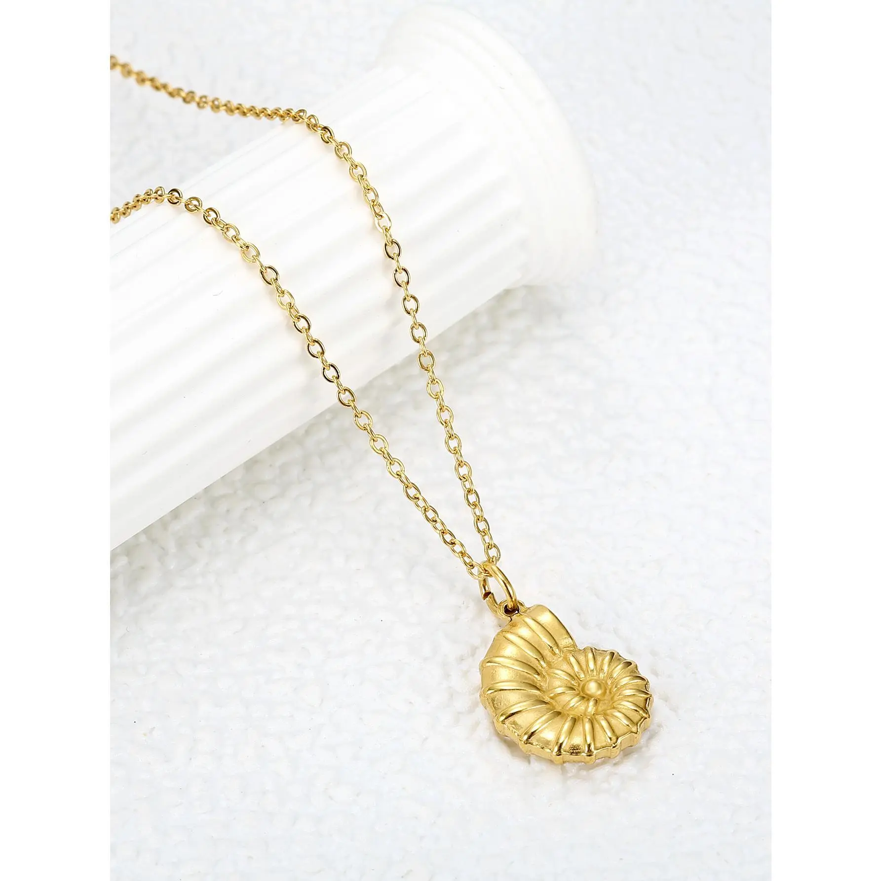 Vintage Ammonite Fossil Pendant Necklace in Stainless Steel, Unisex Geometric Design for Casual Daily Wear